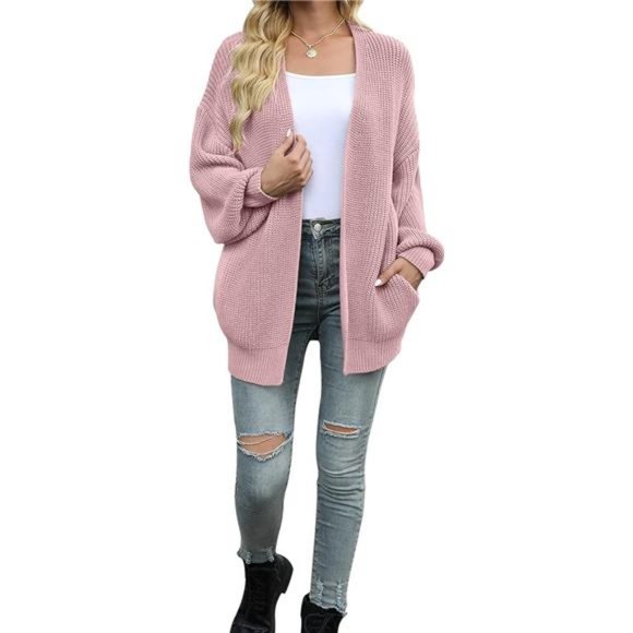 Womens Oversized Long Sleeve Open Front Cardigan Sweaters Dustypink - Picture 3 of 6